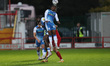 Barrow's Kgosi Ntlhe wins a header during the EFL Trophy match between Accrington Stanley...