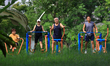 People workout at a fitness corner on September 4, 2021 in Singapore. 