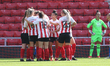 Sunderland players celebrates after scoring during the FA Women's Championship match betwe...