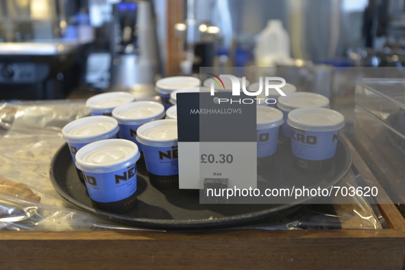 Small cups containing marshmellow sweets on Saturday 16th May 2015 in Manchester. 