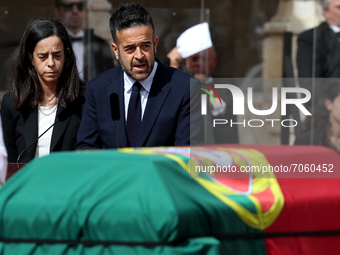 Sons of the late former Portuguese President Jorge Sampaio Vera and Andre deliver a speech during the funeral ceremony at Jeronimos Monaster...