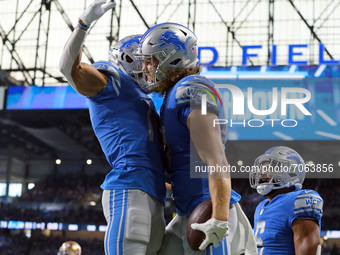 Detroit Lions tight end T.J. Hockenson (88) celebrates his touchdown during the first half of an NFL football game against the San Francisco...
