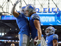 Detroit Lions tight end T.J. Hockenson (88) celebrates his touchdown during the first half of an NFL football game against the San Francisco...