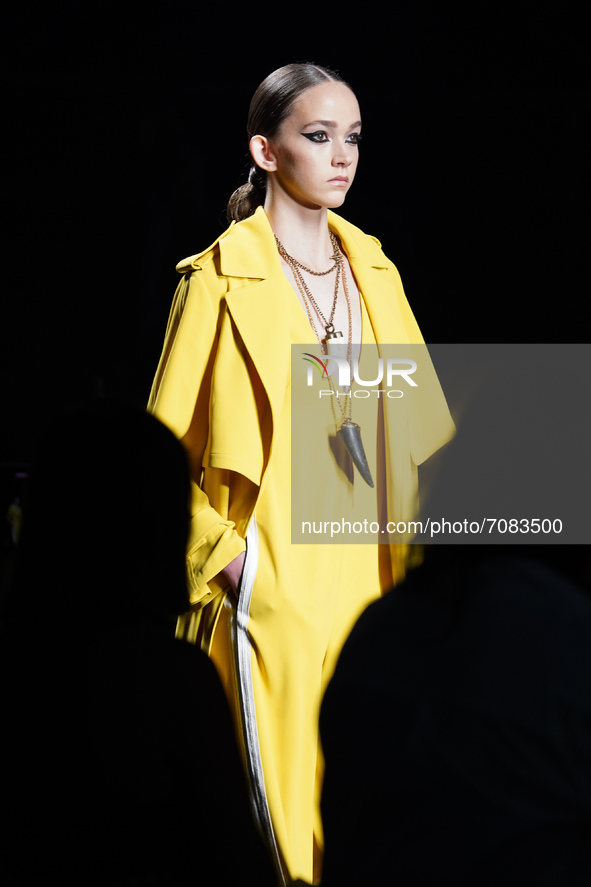 A model walks the runway at the Pertegaz   fashion show during Mercedes Benz Fashion Week Madrid September 2021 at IFEMA  on September 17, 2...