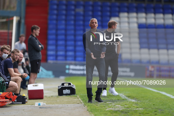 Oldham Athletic manager Keith Curle  during the Sky Bet League 2 match between Oldham Athletic and Hartlepool United at Boundary Park, Oldha...