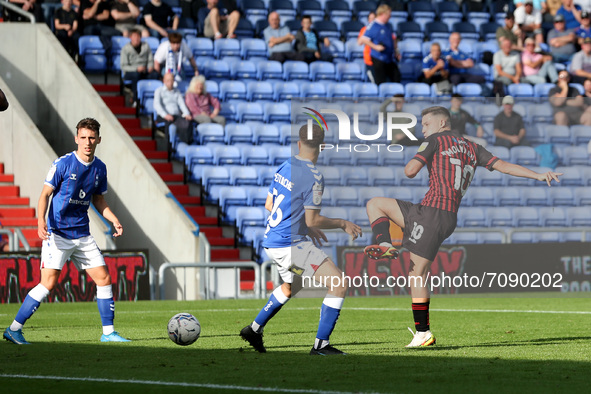 Hartlepool United's Luke Molyneux mishits a shot at goal during the Sky Bet League 2 match between Oldham Athletic and Hartlepool United at...