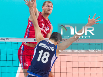 Drazen Luburic (SRB),Alessandro Michieletto (ITA) during the CEV Eurovolley 2021 match between Serbia v Italy, in Katowice, Poland, on Septe...