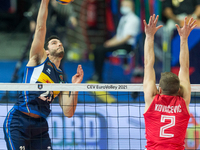 Giulio Pinali (ITA),Uros Kovacevic (SRB) during the CEV Eurovolley 2021 match between Serbia v Italy, in Katowice, Poland, on September 18,...