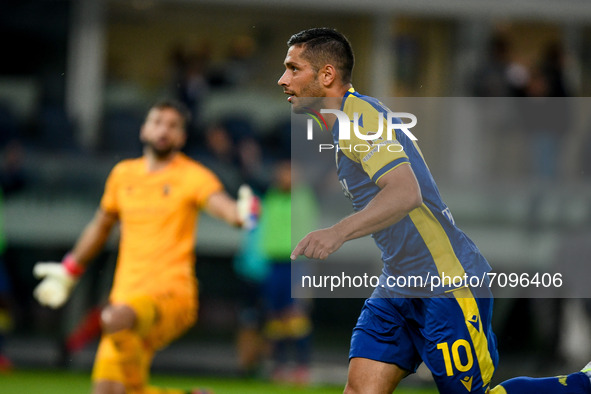 Giancluca Caprari (Verona) celebrates after scoring a goal 2-1 during the Italian football Serie A match Hellas Verona FC vs AS Roma on Sept...