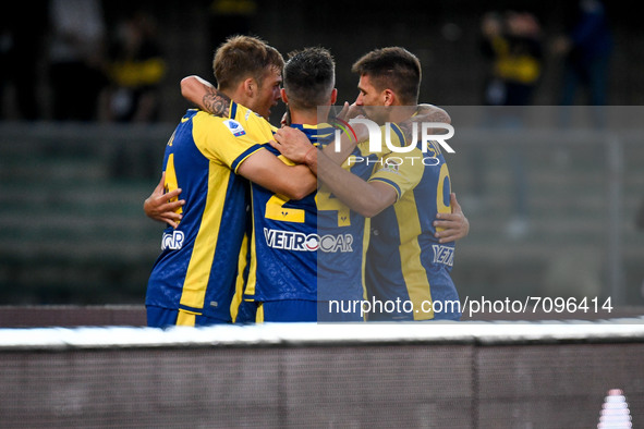 Giancluca Caprari (Verona) celebrates after scoring a goal 2-1 during the Italian football Serie A match Hellas Verona FC vs AS Roma on Sept...