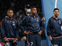 Neymar, Kylian Mbappe, Lionel Messi of PSG prior to the Ligue 1 Uber Eats match between Paris Saint Germain and Lyon at Parc des Princes on...
