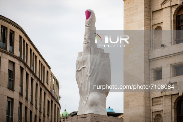 The L.O.V.E. sculpture by Maurizio Cattelan in Piazza degli Affari vandalized on the occasion of the International Women’s Day on March 06,...