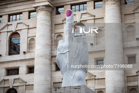 The L.O.V.E. sculpture by Maurizio Cattelan in Piazza degli Affari vandalized on the occasion of the International Women’s Day on March 06,...
