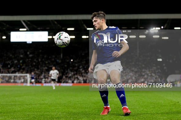 Daniel James of Leeds United controls the ball during the Carabao Cup match between Fulham and Leeds United at Craven Cottage, London on Tue...