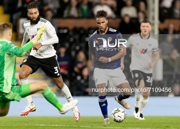 Tyler Roberts of Leeds United kicks the ball during the Carabao Cup match between Fulham and Leeds United at Craven Cottage, London on Tuesd...