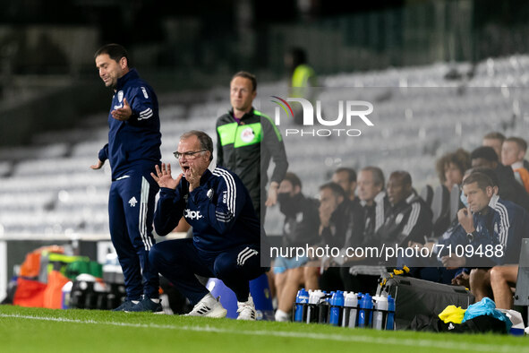 Marcelo Bielsa, manager of Leeds United, reacts during the Carabao Cup match between Fulham and Leeds United at Craven Cottage, London on Tu...