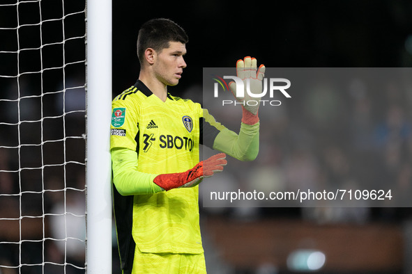 Illan Meslier of Leeds United gestures during the Carabao Cup match between Fulham and Leeds United at Craven Cottage, London on Tuesday 21s...