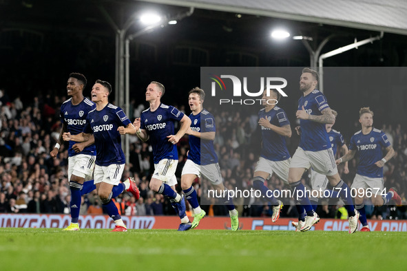 Players of Leeds United celebrate after winning the Carabao Cup match between Fulham and Leeds United at Craven Cottage, London on Tuesday 2...