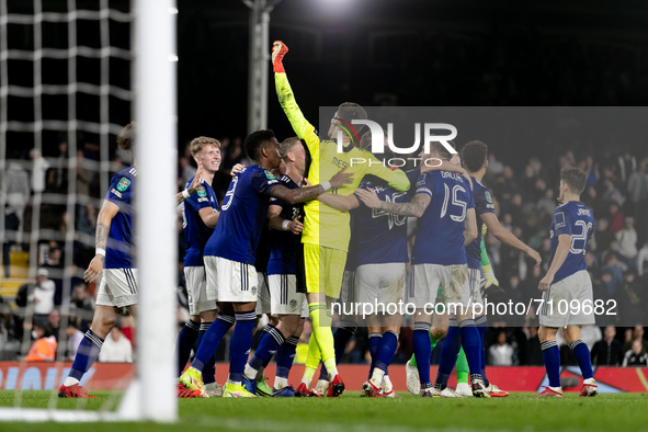 Players of Leeds United celebrate after winning the Carabao Cup match between Fulham and Leeds United at Craven Cottage, London on Tuesday 2...