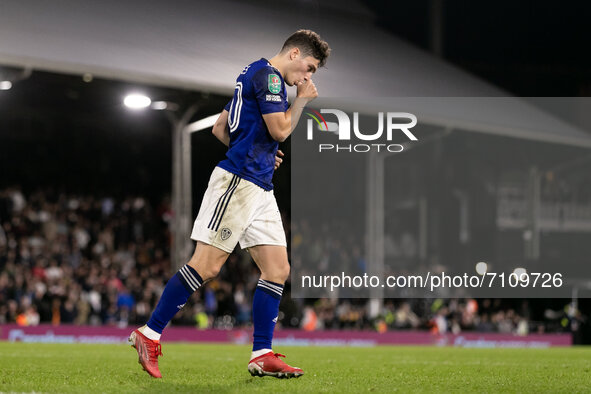 Daniel James of Leeds United celebrates after scoring his penalty during the Carabao Cup match between Fulham and Leeds United at Craven Cot...