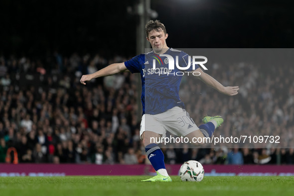Joe Gelhardt of Leeds United kicks a penalty during the Carabao Cup match between Fulham and Leeds United at Craven Cottage, London on Tuesd...