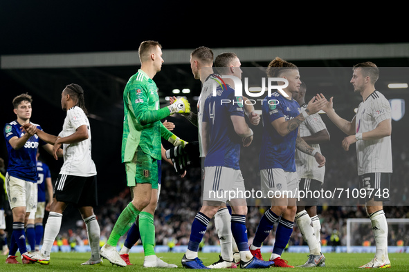 Players of Fulham and of Leeds United greet each other after the Carabao Cup match between Fulham and Leeds United at Craven Cottage, London...