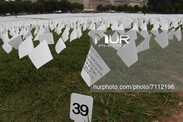 More than 650,000 white flags of which 114, 937 were Latin Americans, stand on National Mall in honor to Americans who died with Covid 19, d...