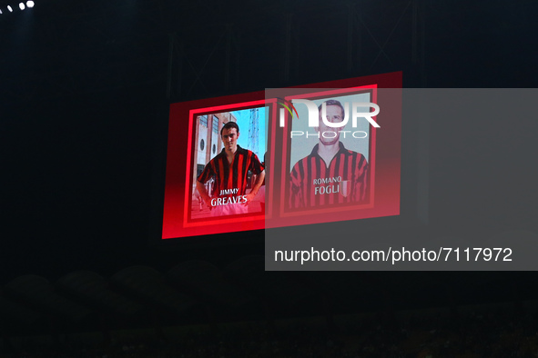 AC Milan banner in memoriam of Jimmy Greaves and Romano Fogli during the Italian football Serie A match AC Milan vs Venezia FC on September...