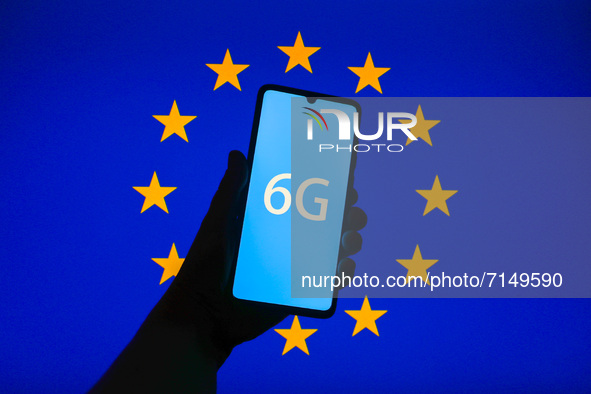 6G sign is seen on the smartphone screen with European Union flag in the background in this  illustration photo taken in Krakow, Poland on S...