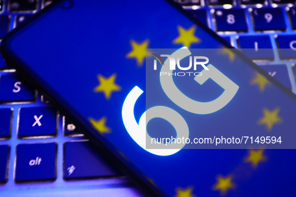 6G sign is seen on the smartphone screen with European Union flag reflection in this  illustration photo taken in Krakow, Poland on Septembe...