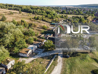 Aerial view of the wine cellars at the hill on the outskirts of the village are seen in Bogacs, Hungary on 25 September 2021  Bogacs wine ce...