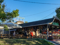 Wine pub Borbar in front of wine cellars at the hill on the outskirts of the village is seen in Bogacs, Hungary on 25 September 2021  Bogacs...