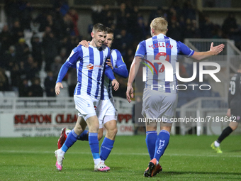    Matty Daly of Hartlepool United celebrates with teammates after scoring during the EFL Trophy match between Hartlepool United and Morecam...