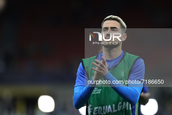 Jorginho of Italy warms up during the UEFA Nations League Finals 2021 semi-final football match between Italy and Spain at Giuseppe Meazza S...