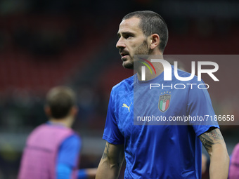 Leonardo Bonucci of Italy warms up during the UEFA Nations League Finals 2021 semi-final football match between Italy and Spain at Giuseppe...