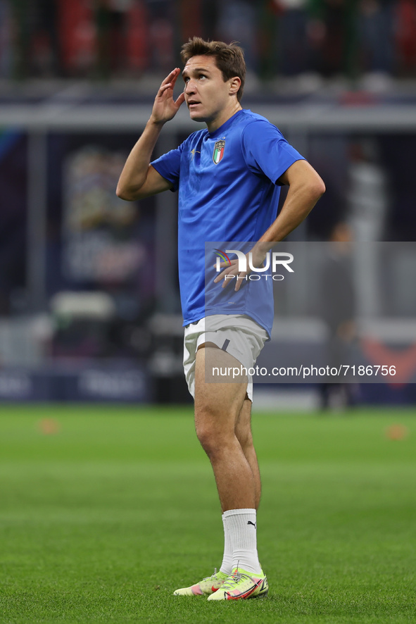 Federico Chiesa of Italy warms up during the UEFA Nations League Finals 2021 semi-final football match between Italy and Spain at Giuseppe M...