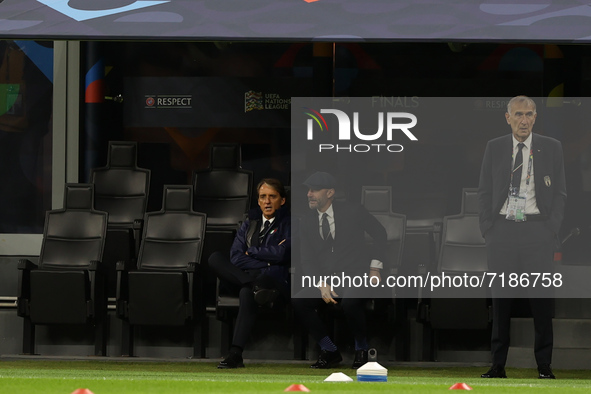 Roberto Mancini Head Coach of Italy and Gianluca Vialli Head of Delegation of Italy during the UEFA Nations League Finals 2021 semi-final fo...