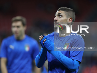 Marco Verratti of Italy warms up during the UEFA Nations League Finals 2021 semi-final football match between Italy and Spain at Giuseppe Me...