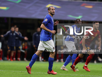 Giorgio Chiellini of Italy in action during the UEFA Nations League Finals 2021 semi-final football match between Italy and Spain at Giusepp...