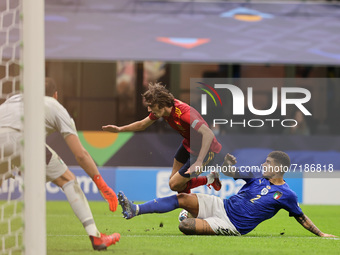 Bryan Gil of Spain fights for the ball against Giovanni Di Lorenzo of Italy during the UEFA Nations League Finals 2021 semi-final football m...