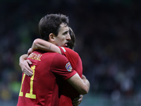 Mikel Oyarzabal of Spain and Bryan Gil of Spain celebrate the victory at the end of the match during the UEFA Nations League Finals 2021 sem...