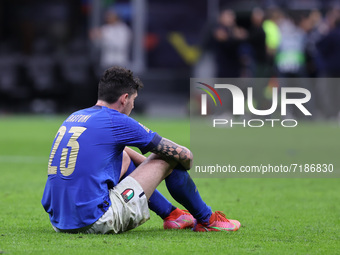 Alessandro Bastoni of Italy reacts at the end of the match during the UEFA Nations League Finals 2021 semi-final football match between Ital...