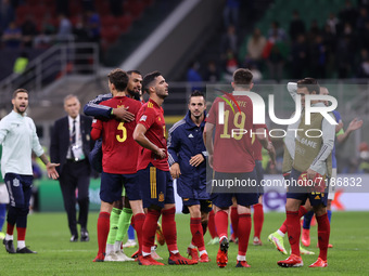 Spain players celebrate the victory at the end of the match during the UEFA Nations League Finals 2021 semi-final football match between Ita...