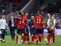 Spain players celebrate the victory at the end of the match during the UEFA Nations League Finals 2021 semi-final football match between Ita...