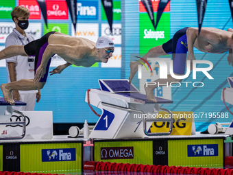 Zsombor Bujdosó of Hungary competes in the Men's 400m Individual Medley on the FINA Swimming World Cup held at Duna Arena Swimming Stadium o...