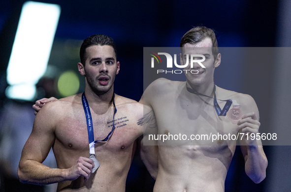 Balázs Holló 2nd and Hubert Kós 3rd of Hungary after in the Men's 400m Individual Medley on the FINA Swimming World Cup held at Duna Arena S...