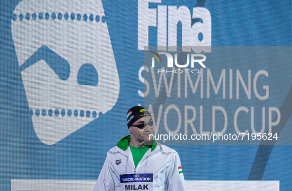 Kristof Milák of  Hungary looks before he competes in the Men's 50m butterfly on the FINA Swimming World Cup held at Duna Arena Swimming Sta...