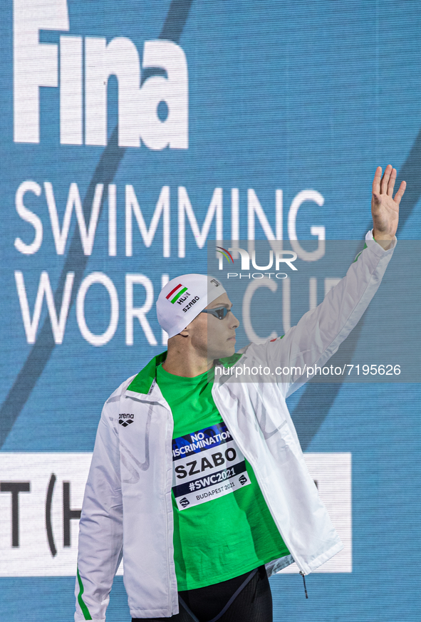 Szebasztian Szabó of  Hungary looks before he competes in the Men's 50m butterfly on the FINA Swimming World Cup held at Duna Arena Swimming...