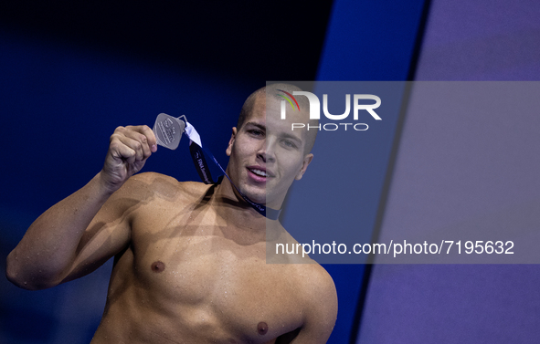 Szebasztian Szabó of  Hungary 2nd after the Men's 50m butterfly on the FINA Swimming World Cup held at Duna Arena Swimming Stadium on  Octob...