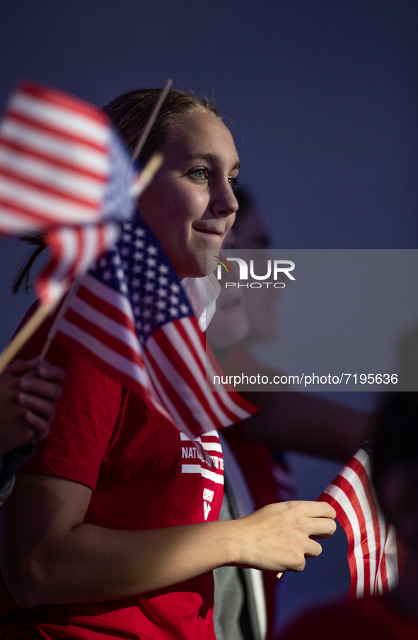 US team mates cheering on the FINA Swimming World Cup held at Duna Arena Swimming Stadium on  October 09, 2021 in Budapest, Hungary. 